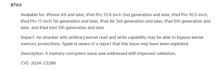 企业安全-RTKit iOS零日漏洞可绕过内存保护机制，苹果将补丁扩展至旧款机型